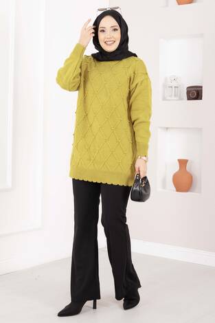 Baklava Desen Ponpon Detaylı Triko Kazak Yağ Yeşil - Thumbnail