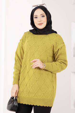 Baklava Desen Ponpon Detaylı Triko Kazak Yağ Yeşil - Thumbnail
