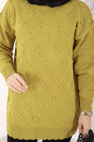 Baklava Desen Ponpon Detaylı Triko Kazak Yağ Yeşil - Thumbnail