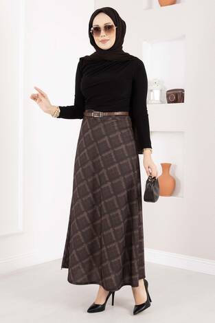 Baklava Desen Scuba Etek Kahve - Thumbnail