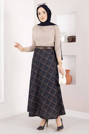 Baklava Desen Scuba Etek Lacivert