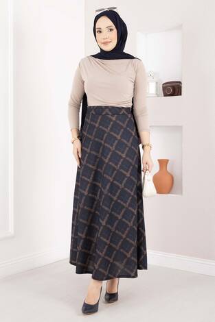 Baklava Desen Scuba Etek Lacivert - Thumbnail