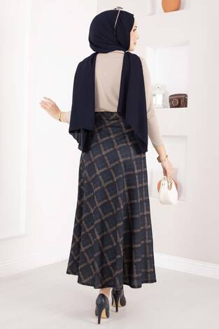 Baklava Desen Scuba Etek Lacivert - Thumbnail