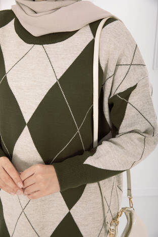 Baklava Desen Triko Kazak Haki - Thumbnail