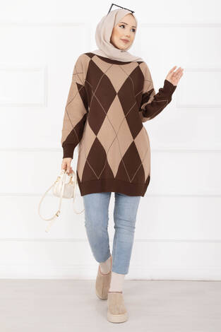 Baklava Desen Triko Kazak Kahve - Thumbnail