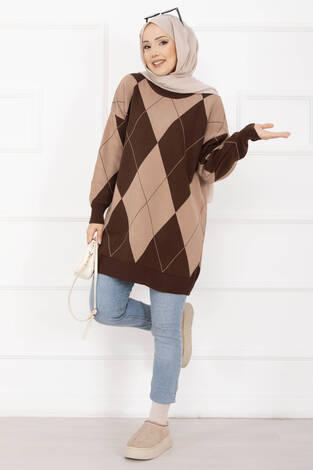 Baklava Desen Triko Kazak Kahve - Thumbnail