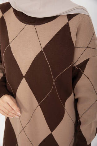 Baklava Desen Triko Kazak Kahve - Thumbnail