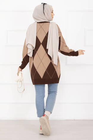 Baklava Desen Triko Kazak Kahve - Thumbnail