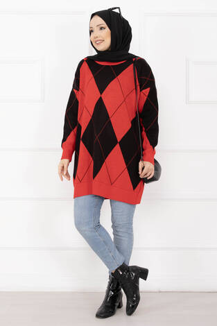 Baklava Desen Triko Kazak Kırmızı - Thumbnail