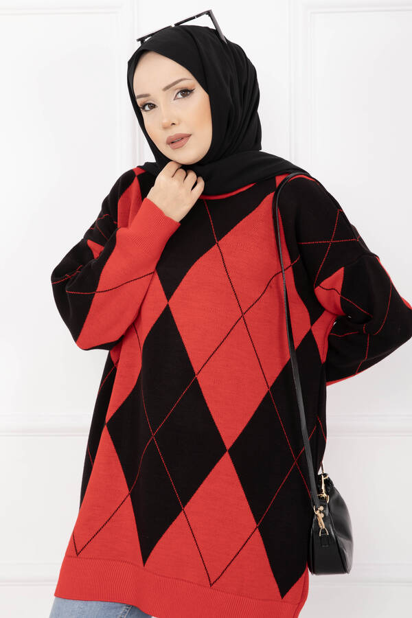 RAF - Baklava Desen Triko Kazak Kırmızı (1)