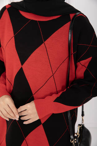 Baklava Desen Triko Kazak Kırmızı - Thumbnail