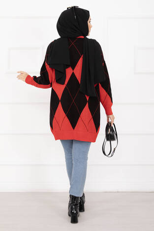 Baklava Desen Triko Kazak Kırmızı - Thumbnail