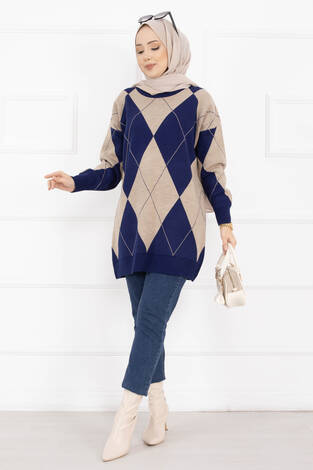 Baklava Desen Triko Kazak Lacivert