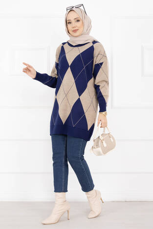 Baklava Desen Triko Kazak Lacivert - Thumbnail