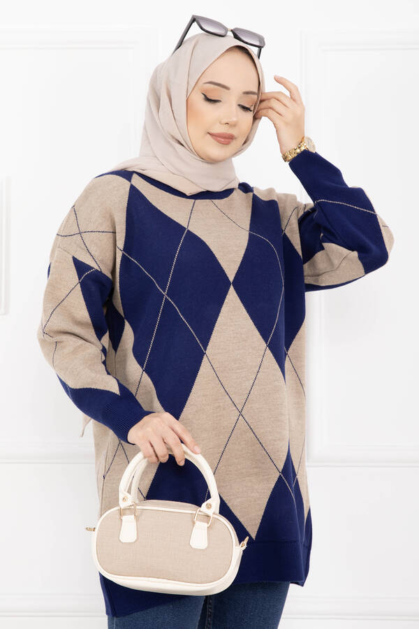 RAF - Baklava Desen Triko Kazak Lacivert (1)