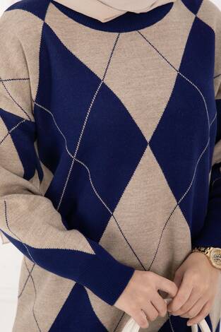 Baklava Desen Triko Kazak Lacivert - Thumbnail