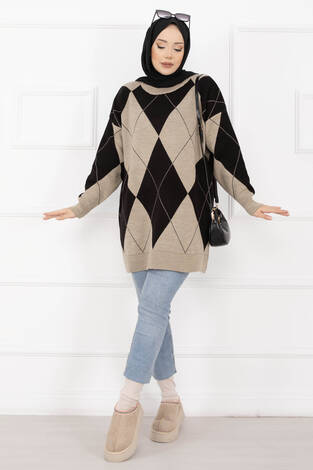 Baklava Desen Triko Kazak Vizon - Thumbnail