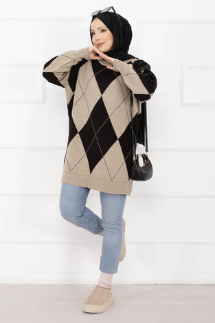 Baklava Desen Triko Kazak Vizon - Thumbnail