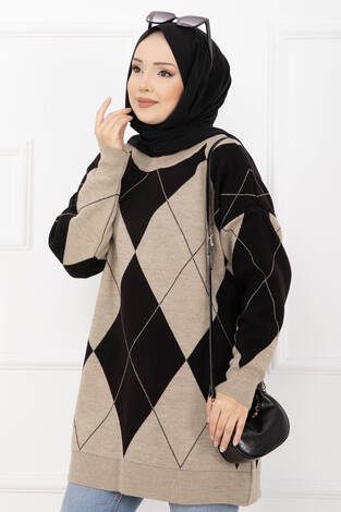 Baklava Desen Triko Kazak Vizon - Thumbnail