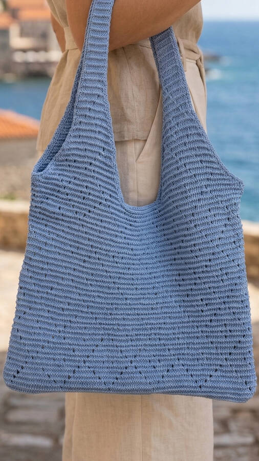 Krd - Baklava Desenli Örme Yaz Çantası Bebe Mavisi