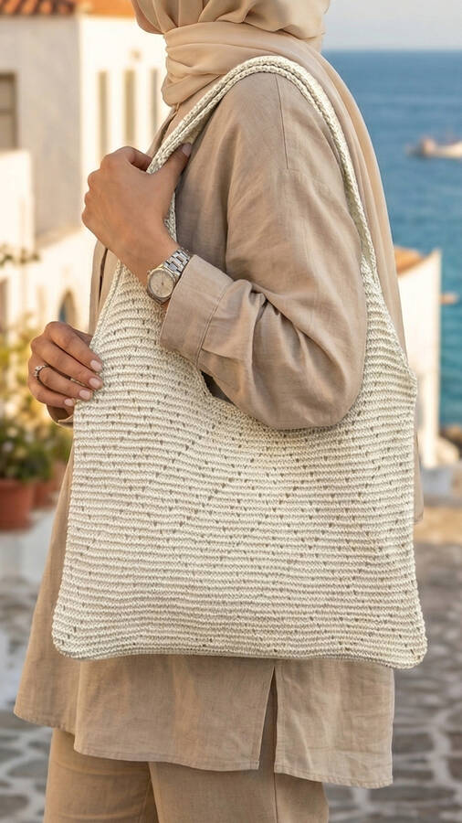 Krd - Baklava Desenli Örme Yaz Çantası Ekru