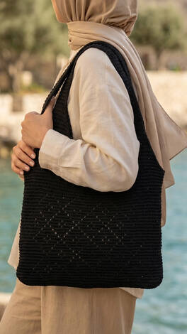 Baklava Desenli Örme Yaz Çantası Siyah