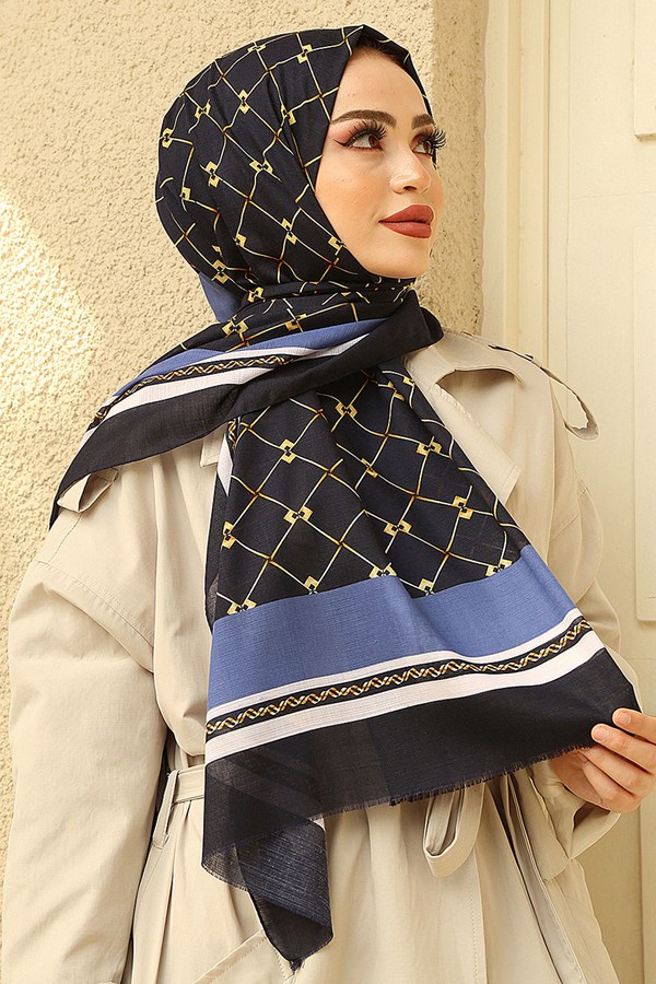  - Baklava Desenli Pamuklu Şal 9389-14 İndigo (1)
