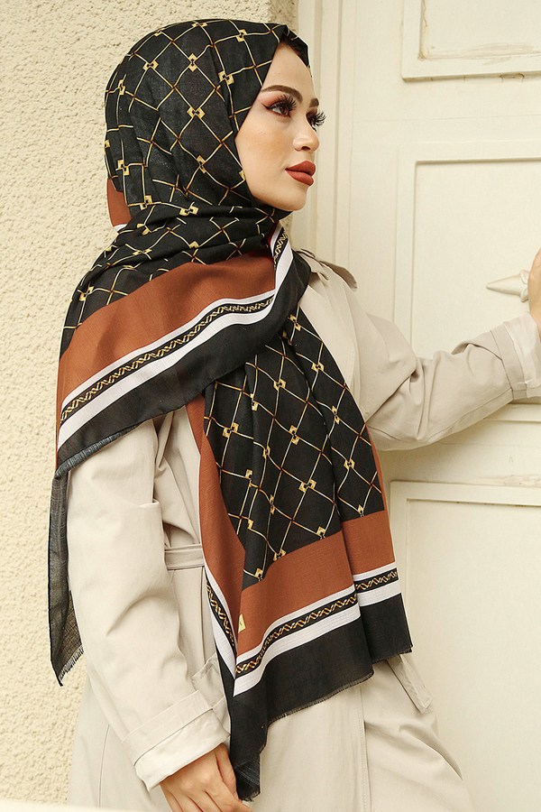  - Baklava Desenli Pamuklu Şal 9389-15 Taba (1)