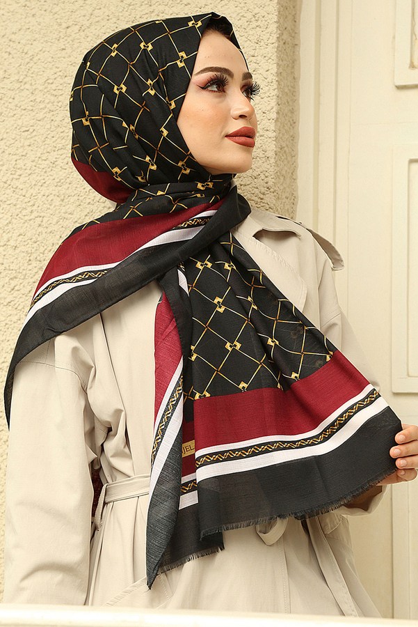  - Baklava Desenli Pamuklu Şal 9389-5 Bordo (1)