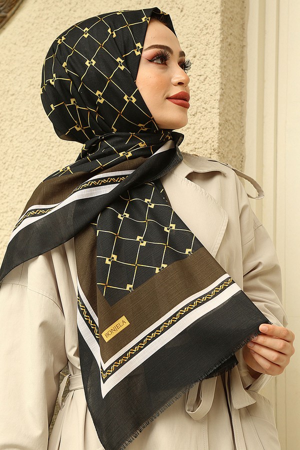  - Baklava Desenli Pamuklu Şal 9389-6 Haki