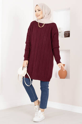 Baklava Örgü Triko Tunik Bordo - Thumbnail