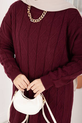 Baklava Örgü Triko Tunik Bordo - Thumbnail