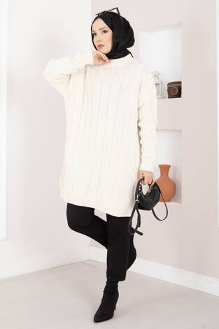 Baklava Örgü Triko Tunik Ekru - Thumbnail