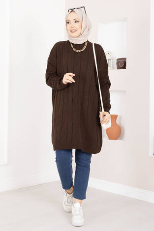 Baklava Örgü Triko Tunik Kahve - Thumbnail