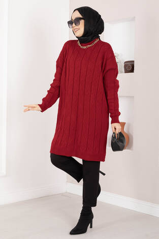Baklava Örgü Triko Tunik Kırmızı - Thumbnail