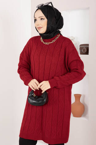 Baklava Örgü Triko Tunik Kırmızı - Thumbnail