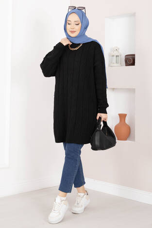 Baklava Örgü Triko Tunik Siyah - Thumbnail