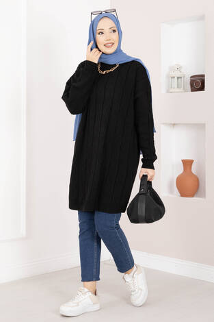 Baklava Örgü Triko Tunik Siyah - Thumbnail