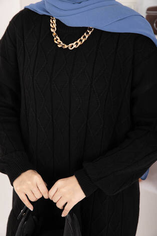 Baklava Örgü Triko Tunik Siyah - Thumbnail