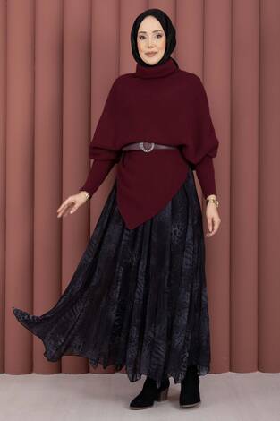 Balıkçı Yaka Asimetrik Triko Kazak Bordo - Thumbnail