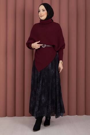 Balıkçı Yaka Asimetrik Triko Kazak Bordo - Thumbnail