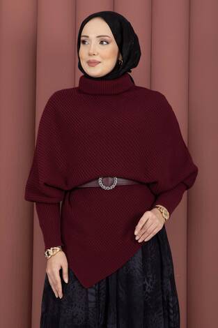 Balıkçı Yaka Asimetrik Triko Kazak Bordo - Thumbnail