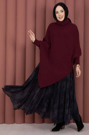 Balıkçı Yaka Asimetrik Triko Kazak Bordo