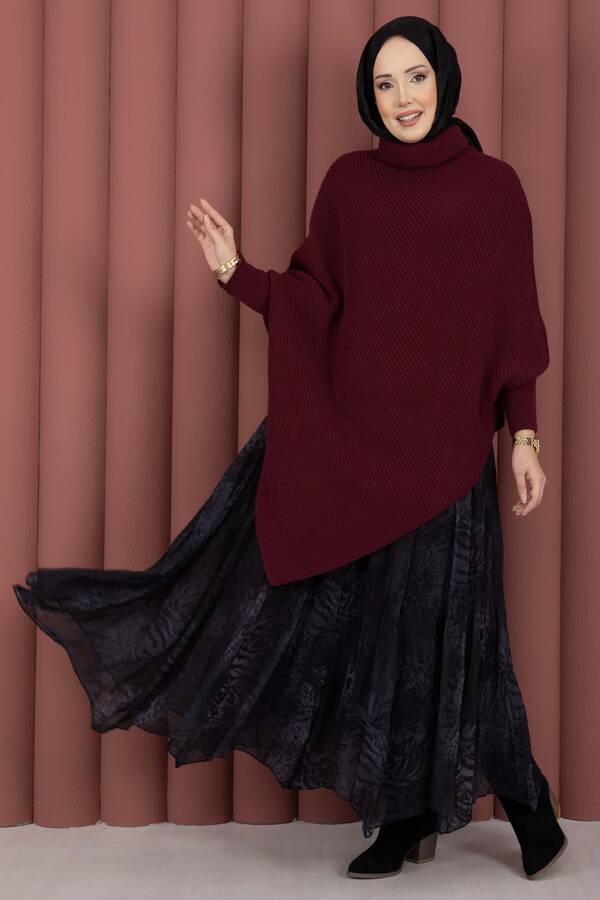 Mo - Balıkçı Yaka Asimetrik Triko Kazak Bordo