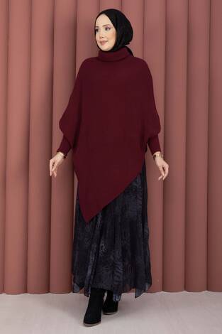 Balıkçı Yaka Asimetrik Triko Kazak Bordo - Thumbnail