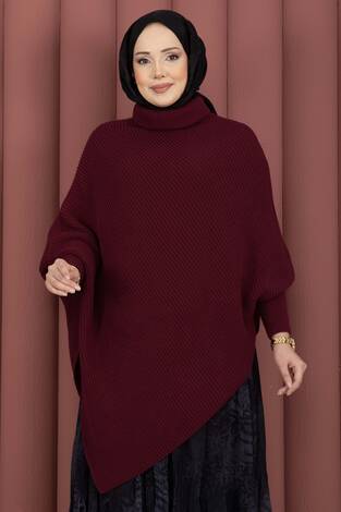 Balıkçı Yaka Asimetrik Triko Kazak Bordo - Thumbnail