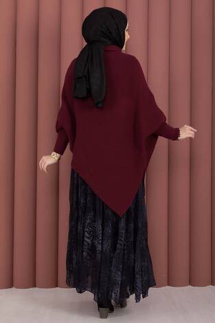 Balıkçı Yaka Asimetrik Triko Kazak Bordo - Thumbnail