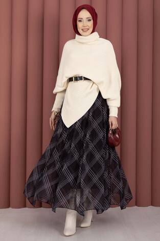 Balıkçı Yaka Asimetrik Triko Kazak Ekru - Thumbnail