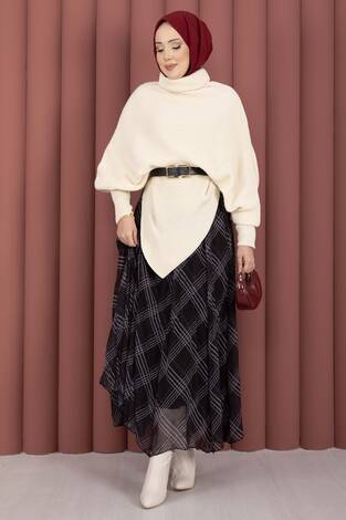 Balıkçı Yaka Asimetrik Triko Kazak Ekru - Thumbnail