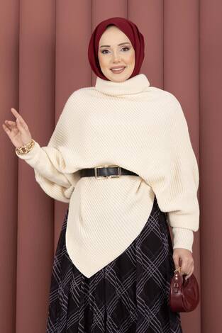 Balıkçı Yaka Asimetrik Triko Kazak Ekru - Thumbnail